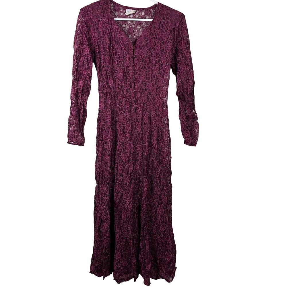 VTG 80s/90s Words Sheer Burgundy Floral Lace Dress Size 9/10 Whimsigoth